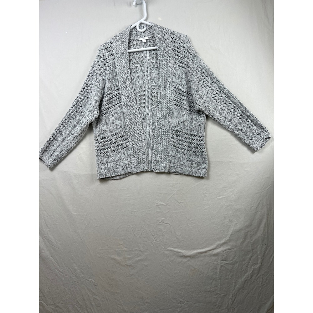 Pure Jill Cardigan Sweater Womens Medium Grey Marled Pointelle Cable Knit Open